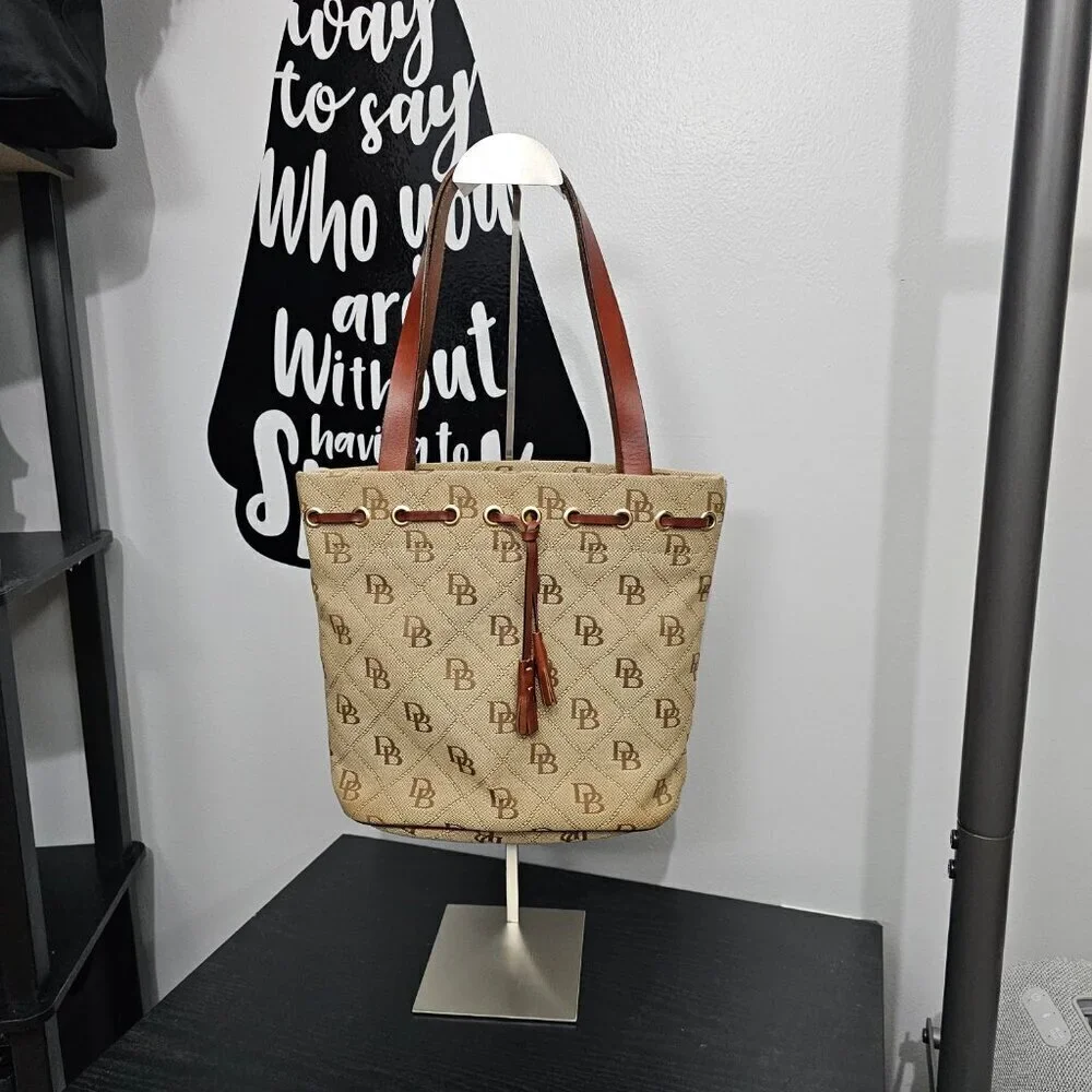 DOONEY & BOURKE Medium Tassel Brown Amber Leather Monogram Hobo Bucket Bag